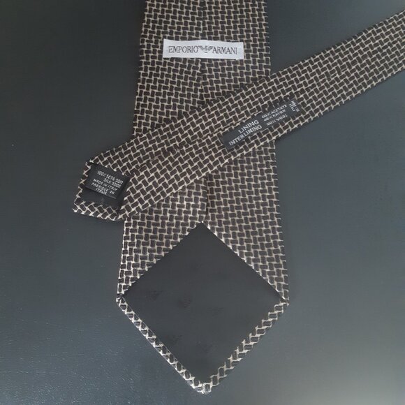 Emporio Armani Silk Men's Tie, White with Black Pattern - Picture 4 of 12